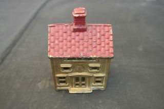 Antique Ac Williams Cast Iron 2 Story House Still Bank - Gold With Red Roof