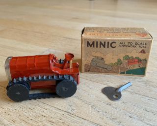 Vintage Tri - Ang Minic - Tin Plate Clockwork Tractor (, Key & Box)
