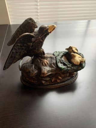 American Eagle & Chicks Cast Iron Mechanical Bank Book Of Knowledge Antique
