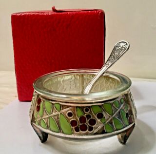 Vintage Russian Silver Enameled Salt Cellar With Spoon And Box,  Beauty