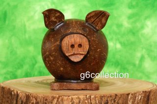 Handmade Carved Coconut Shell Wood Pig Coin Piggy Money Bank Gift Decor Kids Art