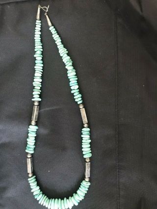 Vintage Native American Turquoise Sterling Silver Bead Necklace 26” -