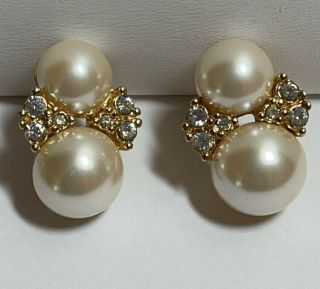 Vintage Christian Dior Faux Pearl Rhinestone Gold Tone Pierced Earrings