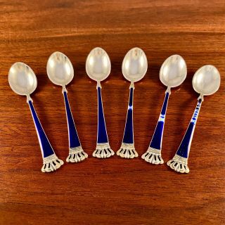 6 Ela Denmark Sterling Silver Cobalt Blue Enamel Demitasse Spoons Crown Pattern