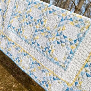 Vintage Hand Quilted Blue Yellow White Patchwork Cotton Queen Quilt Cutter