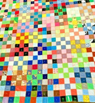 Huge Handmade Vintage Retro Scrap Fabric Brick Pattern Quilt Stitched 82”x94” Q