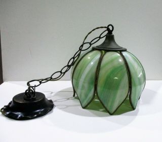 Vintage Green Slag Stained Glass Tulip Hanging Light Fixture Chandelier Pendant