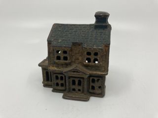 Antique Cast Iron Penny Coin Still Bank 2 Story Building Manor House Gold/blue