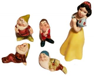 Snow White & 4 Of The 7 Seven Dwarfs Japan Walt Disney Vintage Ceramic Figurines