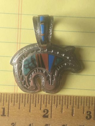 Vintage Native American Sterling Silver Multi Stone Turquoise Inlay Bear Pendant
