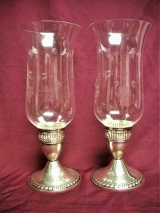 2 Sterling Silver Candle Stick Holder & Hurricane Glass Globe Pair Mayflower