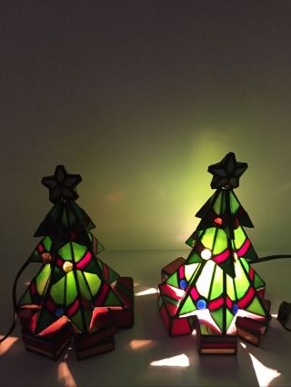 2 Vintage Tiffany Style Stained Glass Christmas Tree Light Lamp Decor 11” X 8”