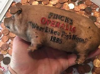 Fincks Overalls Cast Iron Piggy Bank Vintage Style Antique Advertisement 3,  Lb Nr