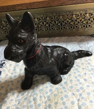 Antique Cast Iron Coin Bank Sitting Terrier Scotty Dog Red Collar 5” 1915