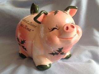 Vtg Kreiss Ceramic Pink Piggy Bank Christmas Holly Coin Bank.  " Save A Nickel.  "