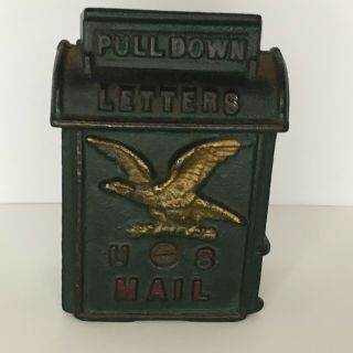 Kenton U.  S.  Mail Eagle Cast Iron Still Bank Vintage Pull Down Letters Postal Box
