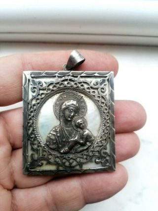 Antique Imperial Russian Silver 84 And Mother Of Pearl Icon