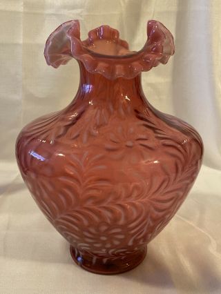 Vintage Huge Fenton Cranberry Opalescent Daisy And Fern Vase Just Magnificent