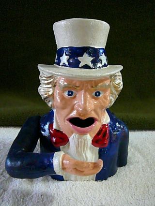 Really Vintage Uncle Sam Cast Iron Mechanical Coin Bank Well