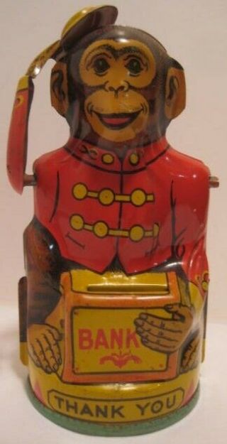 Old 1950s Tin Chein Organ Grinder Monkey Mechanical Bank - Drop Coin Tips Hat