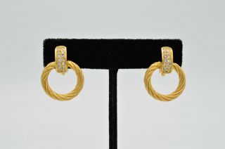 Christian Dior Signed Clip On Earrings Gold Rhinestone Door Knocker Vintage Bnh