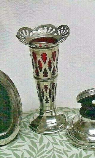 Antique Hallmarked Silver Pierced Bud Vase,  Cranberry Glass Liner 11 Cm Tall