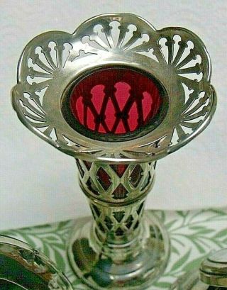 ANTIQUE Hallmarked Silver Pierced Bud Vase,  Cranberry Glass Liner 11 cm Tall 3