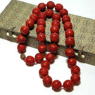 Vtg Chinese Carved Red Cinnabar 15mm Bead 26 " Beaded Necklace W Box 60 Grams