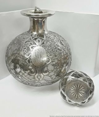 Fine Antique Sterling Silver Overlay Art Nouveau Crystal Decanter Stopper Issue