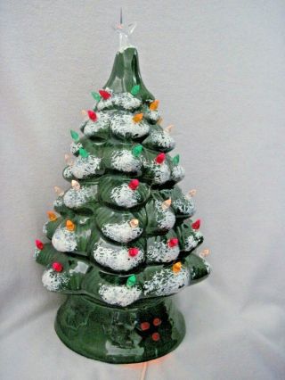 Vtg Snow Flocked 18 Inch Lighted Ceramic Christmas Tree Trim 