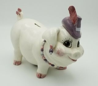 Vintage Ceramic White Piggy Bank Large Coin Bank Purple Hat Necklace Earings