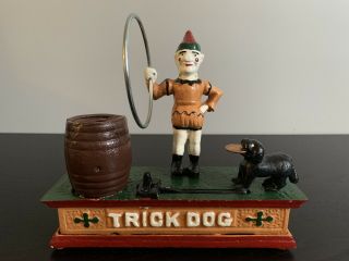 Vintage Cast Iron Trick Dog & Circus Clown - Mechanical Coin Money Bank