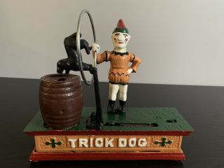 Vintage Cast Iron Trick Dog & Circus Clown - Mechanical Coin Money Bank 2