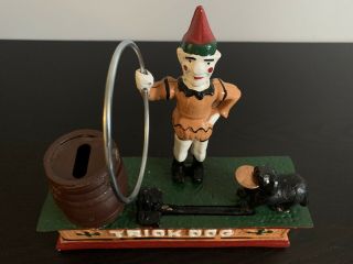 Vintage Cast Iron Trick Dog & Circus Clown - Mechanical Coin Money Bank 3