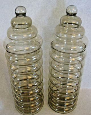 Vtg Pair Modern Mid Century Amber Glass Wave Tubular Pasta Jar Receip W/ Finial