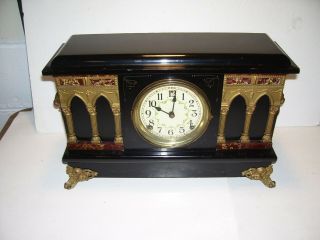 Vintage Sessions Mantle Clock Black Lacquer,  Lion Handles W/key & Pendulum