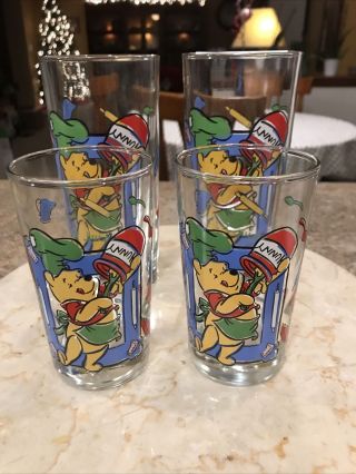 Set Of 4 Vintage Disney Winnie The Pooh Glass Tumblers Whats Cooking Pooh 4”& 6”