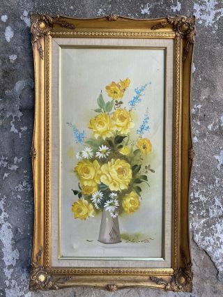 Vintage Framed Oil On Canvas Yellow Flowers Painting Signed Edwards Mid Century