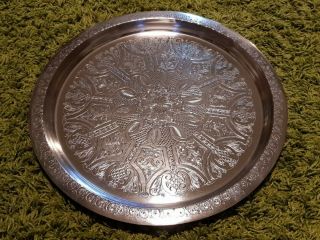 Large 18 " Antique Vintage Silver Plate White Metal Round Arabic Islamic Tray