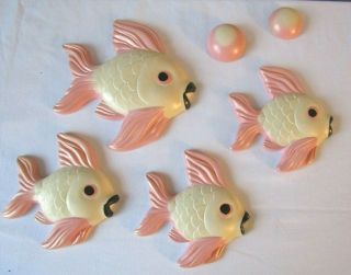 Vintage 1960 Miller Studio Inc Set Of 4 Pink Chalkware Fish & 2 Bubbles