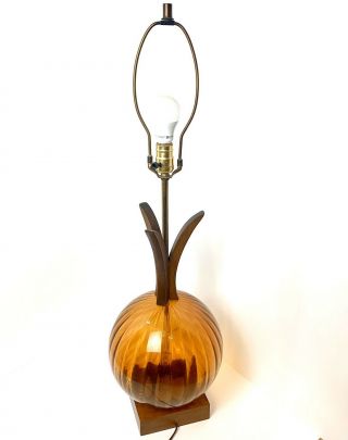 Vintage Mid Century Lamps Orange Amber Glass Orb Ball Teak Wood Mcm Pineapple