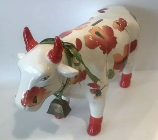 Bull Bank Red Poppy Floral Decorative Bull Bank With Stopper And Bell 11”x7.  5”