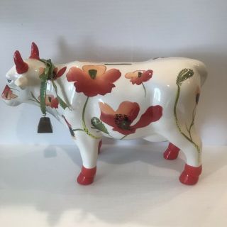 Bull Bank Red Poppy Floral Decorative Bull Bank with stopper and Bell 11”x7.  5” 2