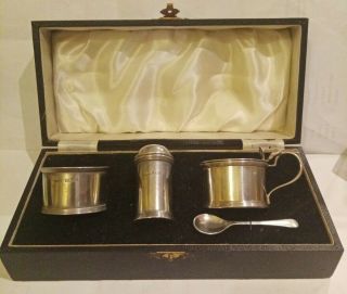 99p Art Deco Silver 4 Pce Cruet Cased 1937 Drum Mustard,  Salt Pepper