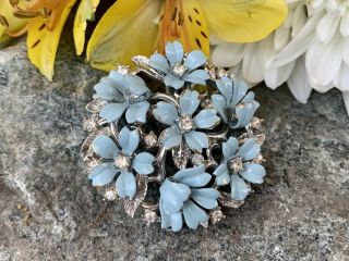 Vintage Signed Crown Trifari Blue Enamel Fleurette Flower Rhinestone Brooch Pin