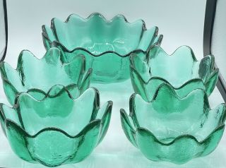 Vintage Mid Century Blenko Sea Green Glass Lotus Bowl 5 Piece Set