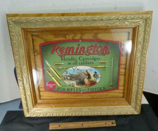 Vtg Remington Firearms Rifles Pistols Tin Sign W Handmade Wood Frame Thermometer