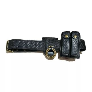 Vtg Leather Police Belt Black Basket Weave With Accessories 33 " - 38 " Brass Buckle