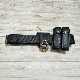 Vtg Leather Police Belt Black Basket Weave With Accessories 33 