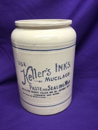 Vintage Keller’s Ink Stoneware Crock Detroit Mi 2 Qt ? Robert Keller Ink Co.